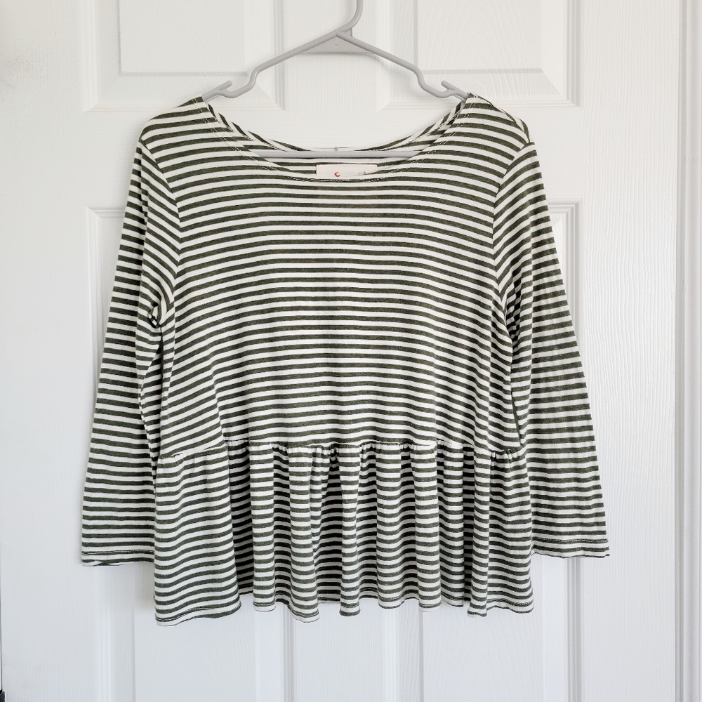 Free People Olive‎ Green Striped Ruffle Hem Top